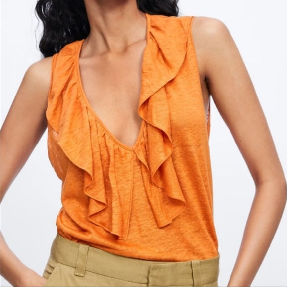 Zara Tops - ZARA Women's Sleeveless V Neck Ruffle Linen Top Size S